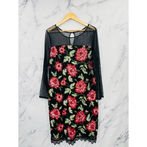 Thalia Sodi Embroidered Illusion Mesh Floral Bodycon Dress Black - Picture 3 of 5